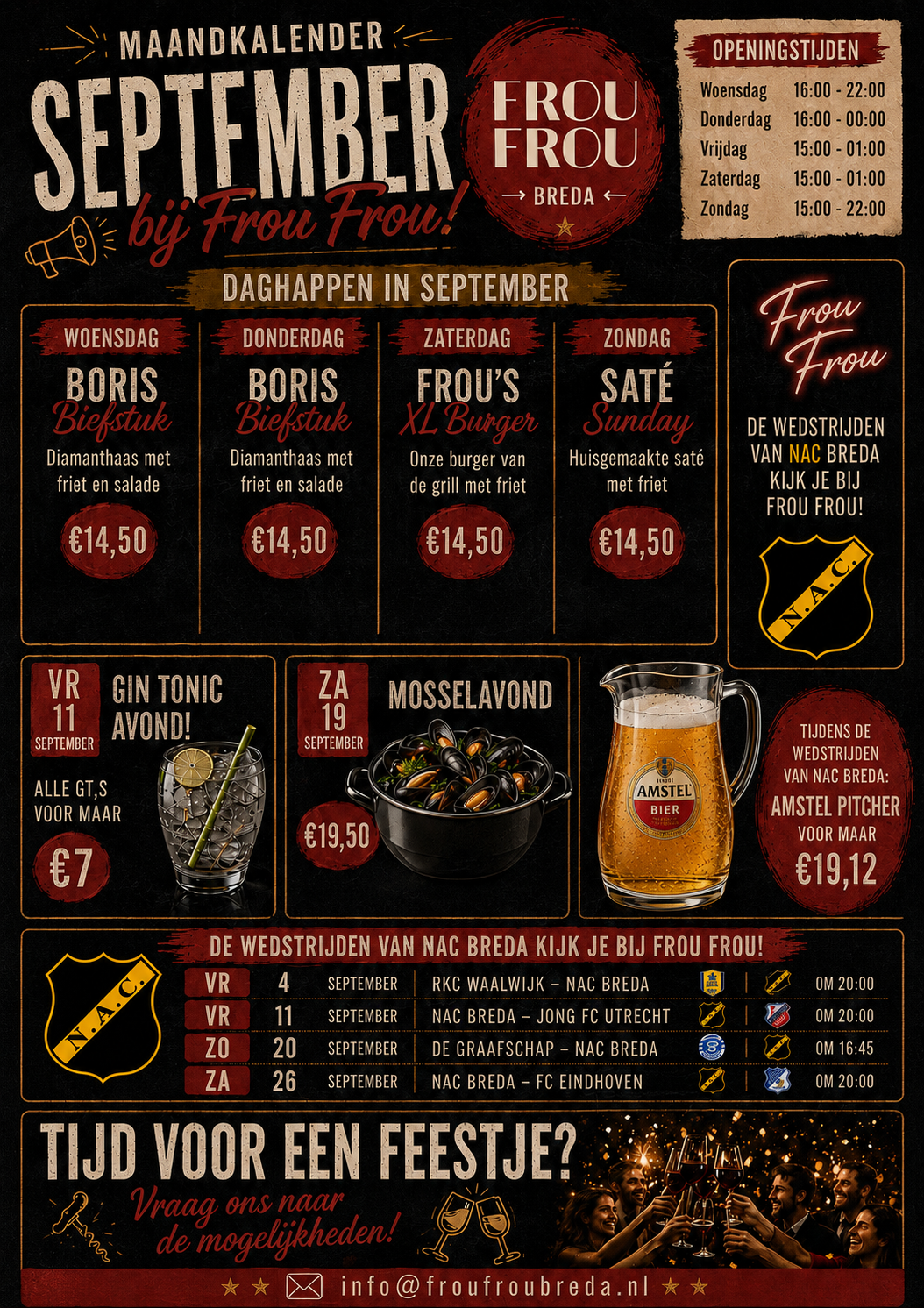 Maandkalender september 2026 met daghappen, openingstijden en speciale evenementen