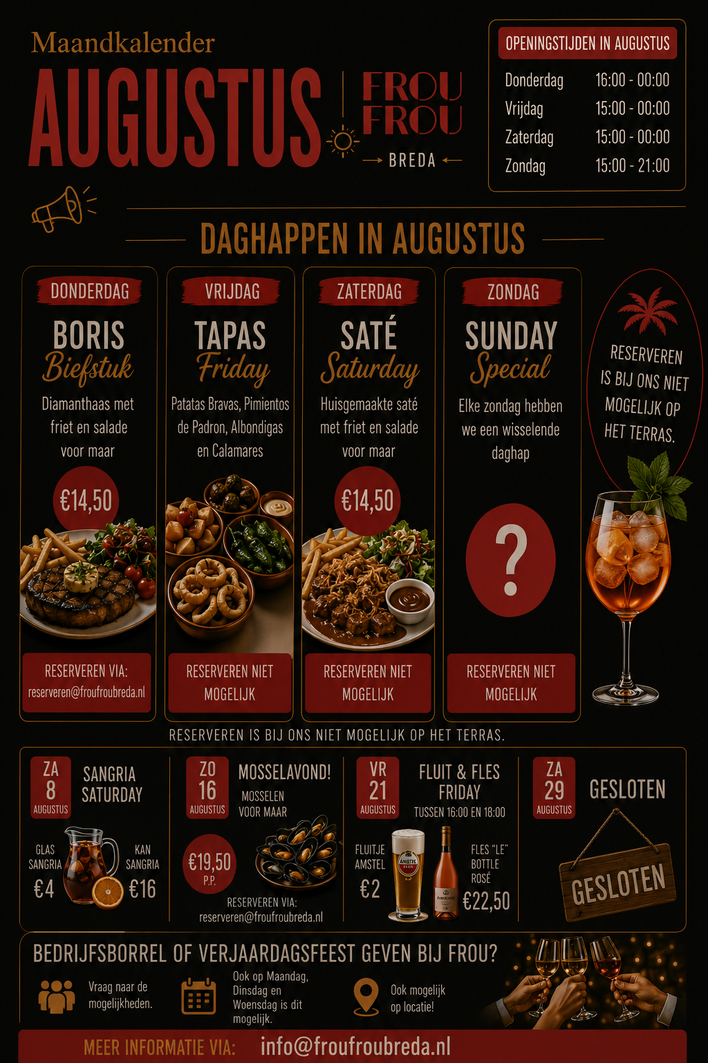 Maandkalender met daghappen, openingstijden en speciale evenementen