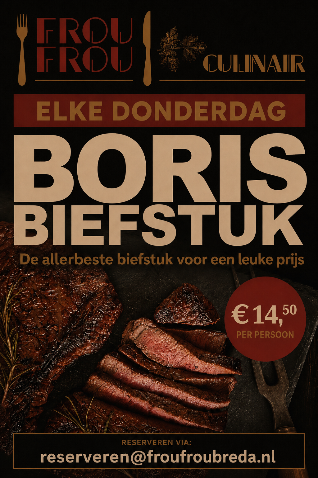 Boris Biefstuk poster — elke donderdag bij Café Frou Frou